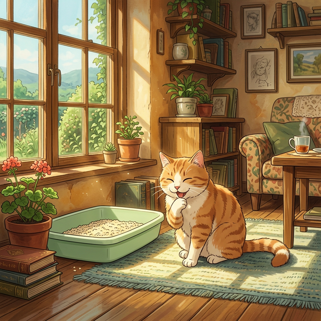 Beautiful cat sitting next to a clean litter box