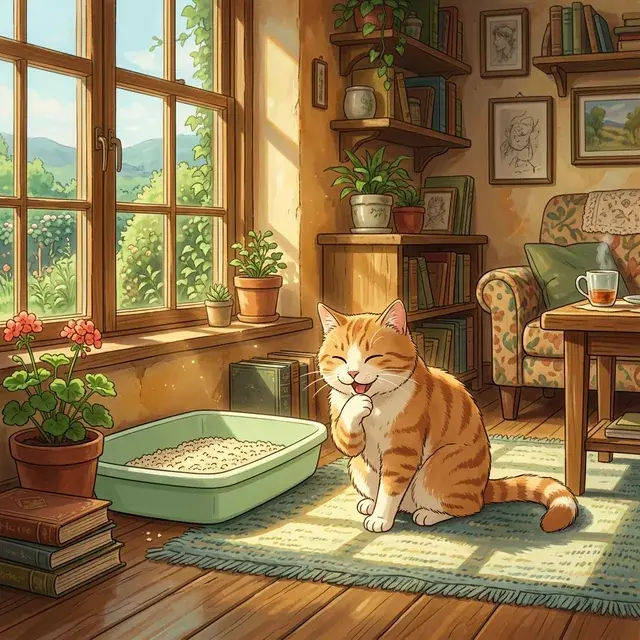 Beautiful cat sitting next to a clean litter box