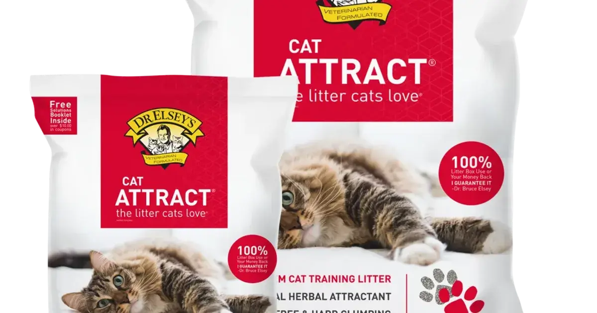 Dr. Elsey's Cat Attract clumping clay litter bag on a plain background, on the cost page