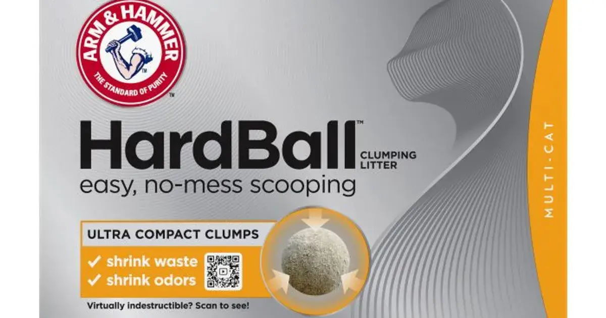 Arm & Hammer Hardball clumping clay litter bag on a plain background, on the cost page