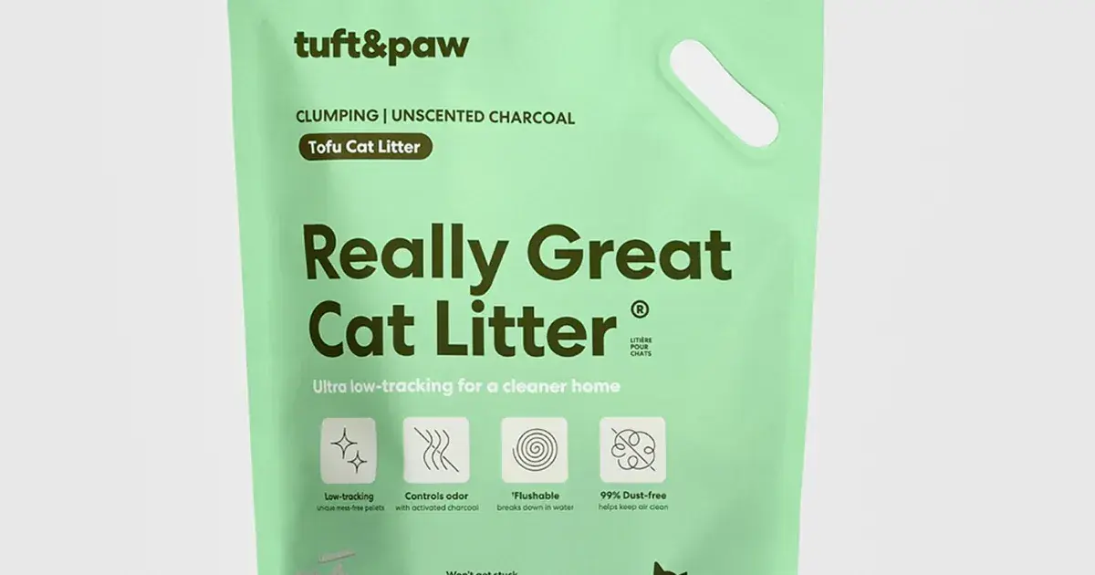 Tuft + Paw soy and tofu litter bag on a plain background, on the cost page