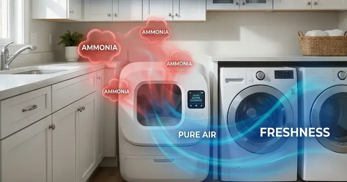 Heatmap-style graphic showing odor and dust concentration around a litter box