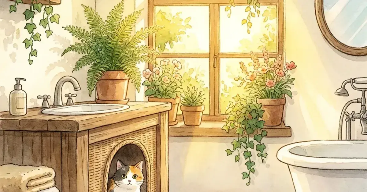 A litter box tucked discreetly into a small bathroom nook at home