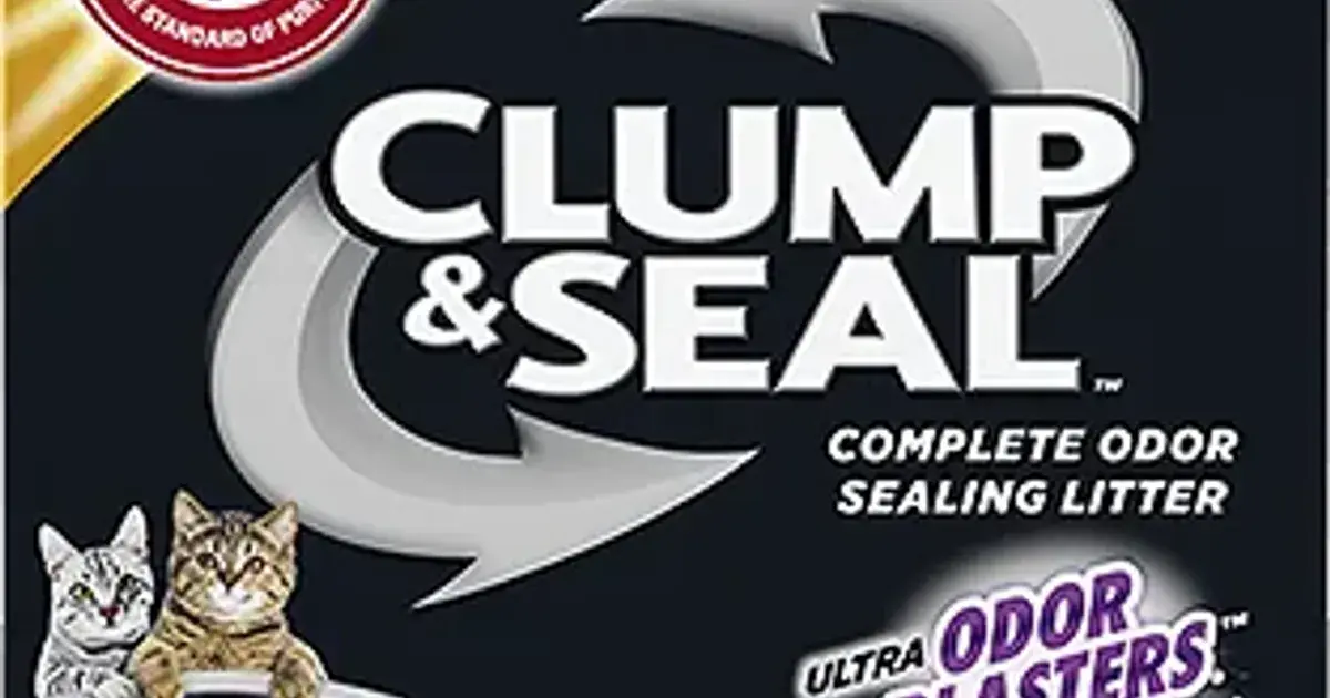 Arm & Hammer Clump & Seal scented clay litter bag on a plain background, on the cost page