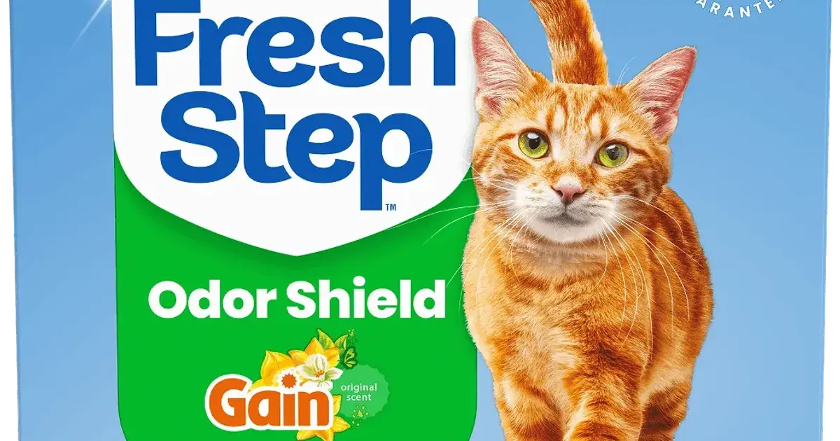 Fresh Step scented clay litter bag on a plain background, on the cost page