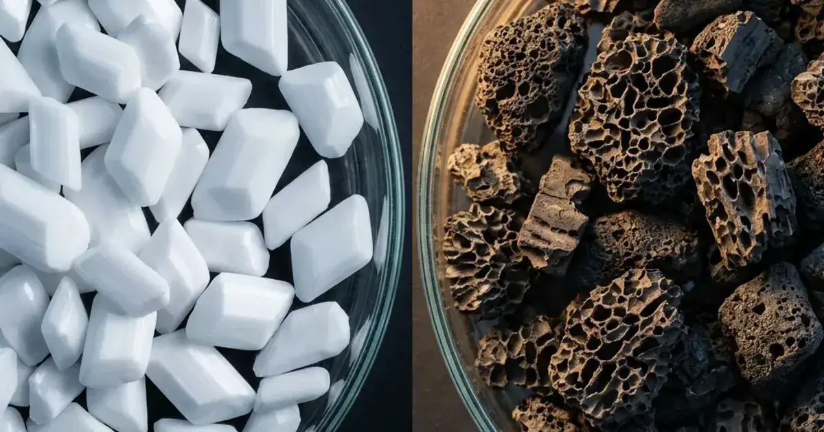 Side-by-side macro shot comparing baking soda powder with activated carbon granules