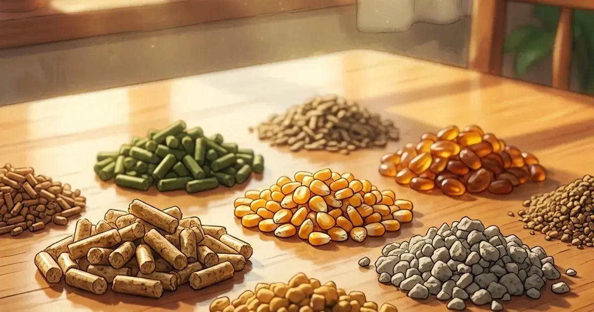 Illustration comparing several unscented litter materials laid out side by side