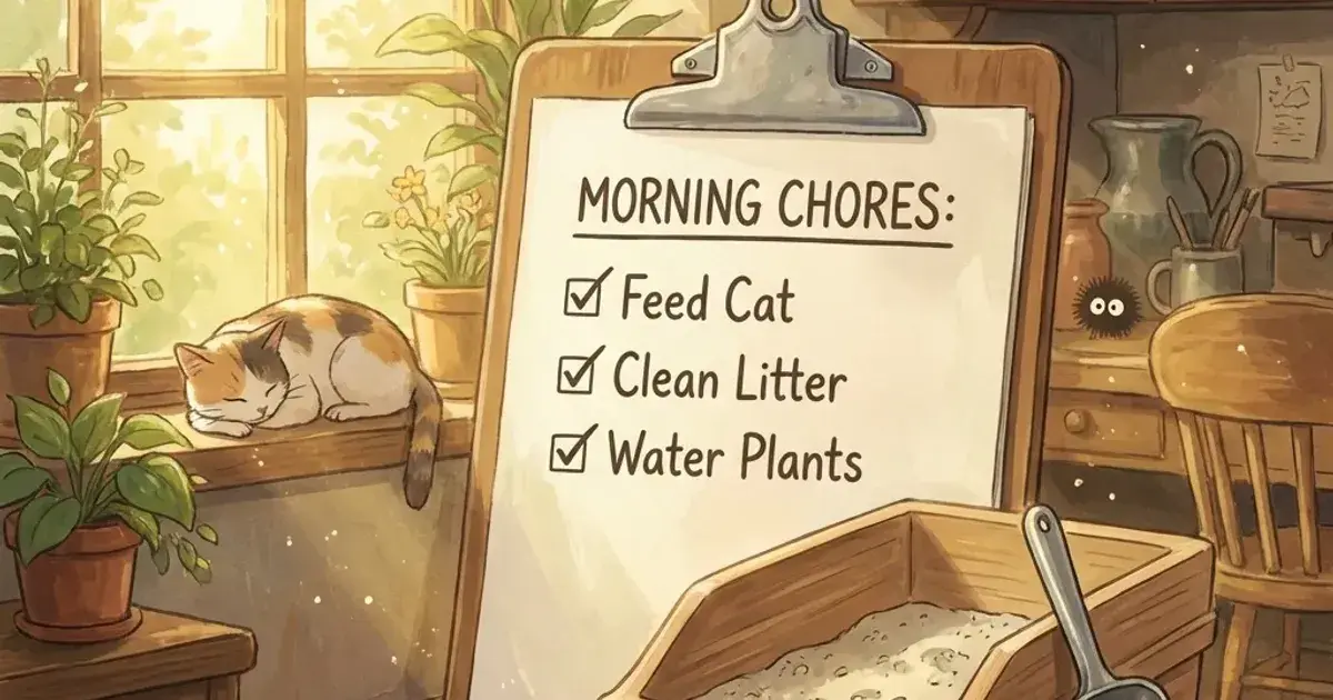 Illustrated scene of a daily litter box scooping routine in a home setting