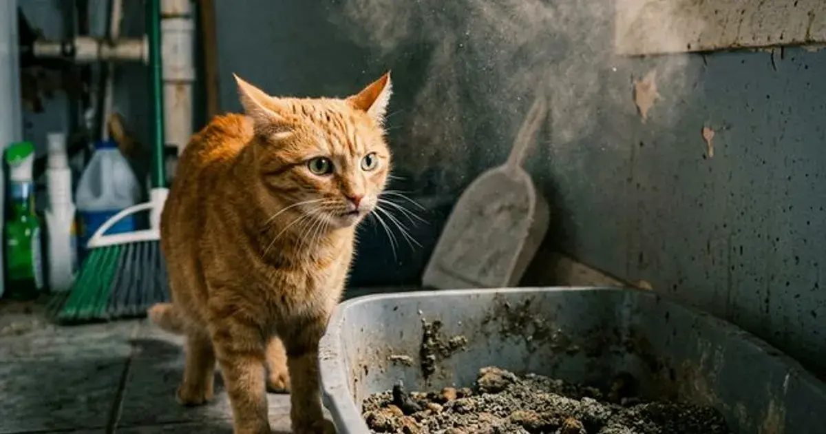 A cat reacting to dust rising from a litter box during scooping