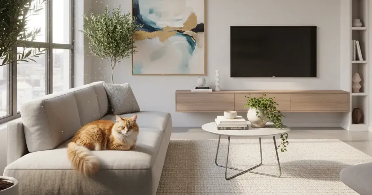 A litter box placed in the corner of a small, tidy apartment living space