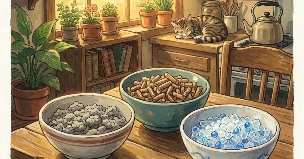 Illustrated comparison of several different cat litter formulas side by side