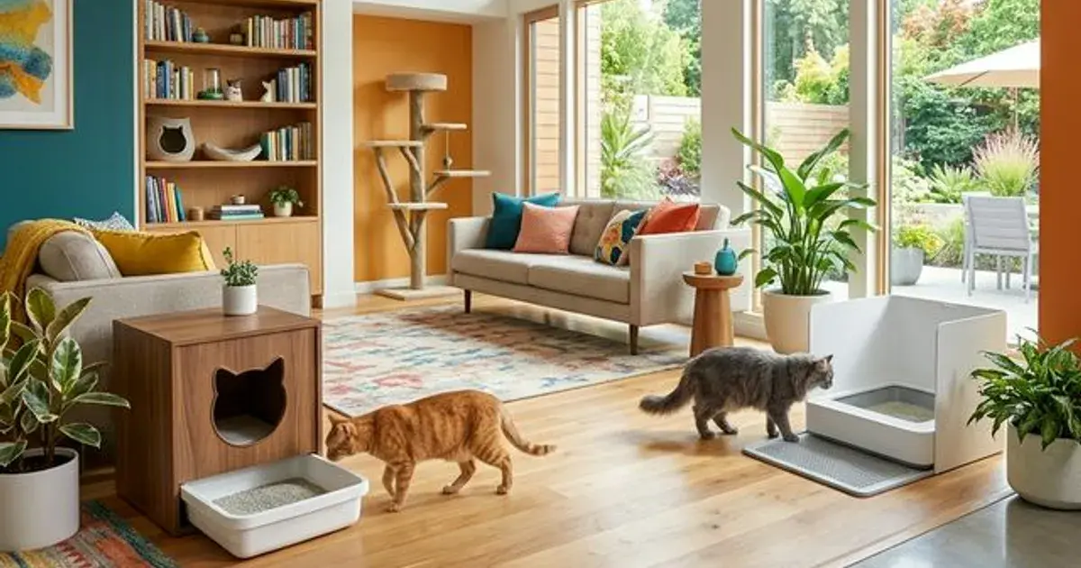 Several litter boxes set up as separate stations for a multi-cat household