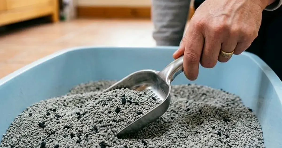 A litter box being refreshed with new litter right after a scooping pass