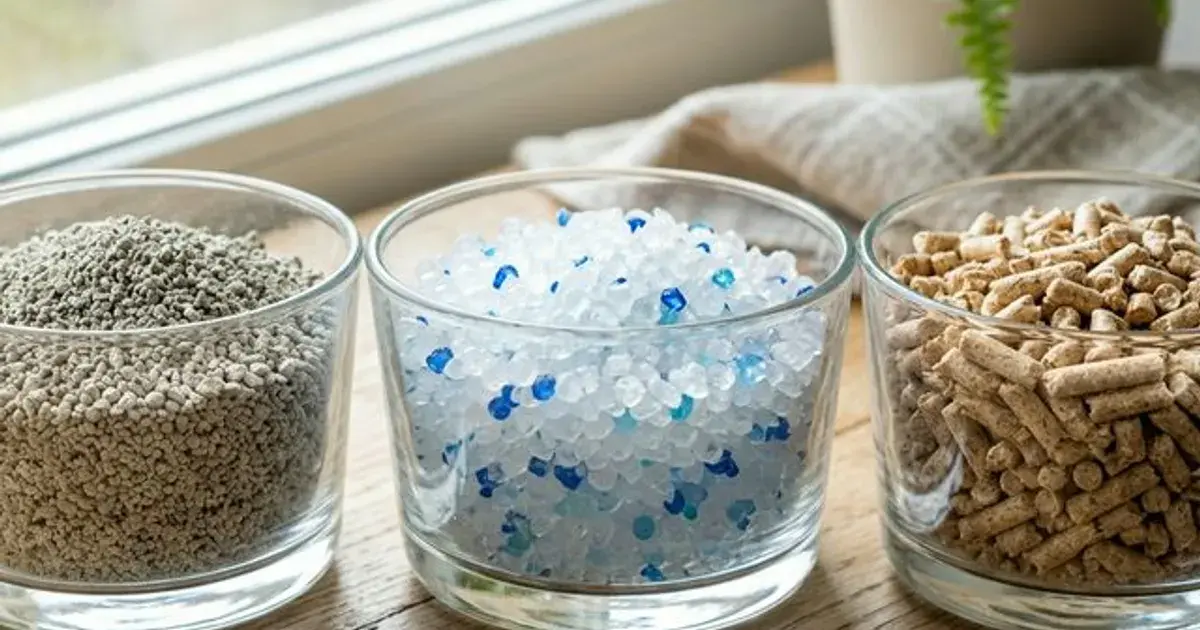 Several different litter types shown side by side in bowls for comparison