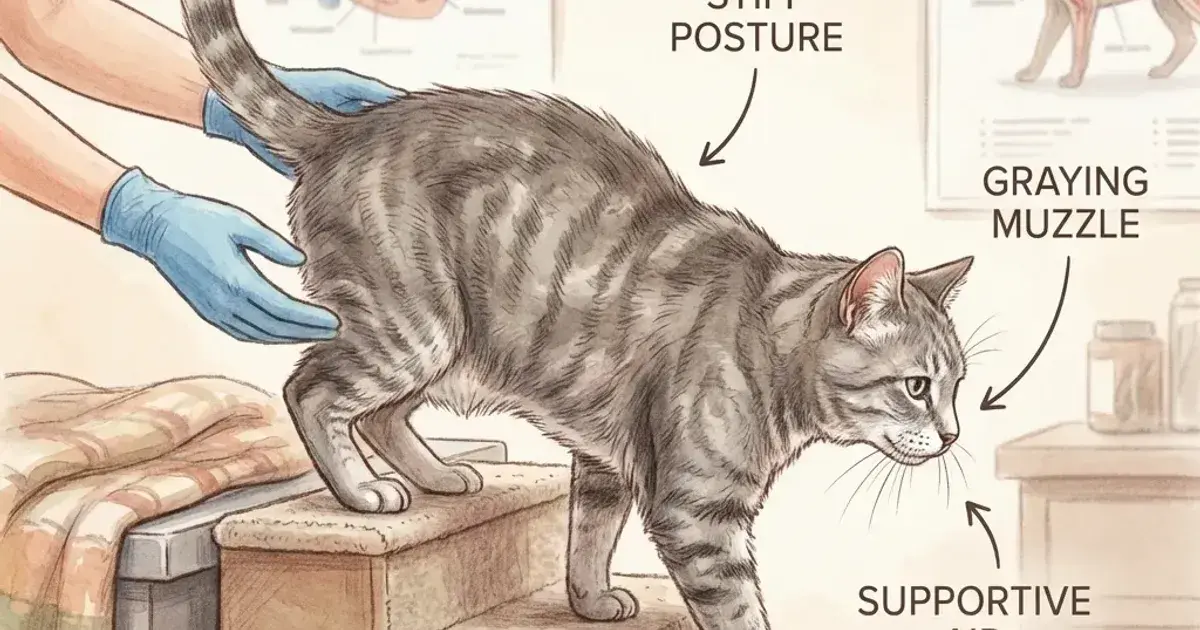 An older cat with limited mobility approaching a low-entry litter box
