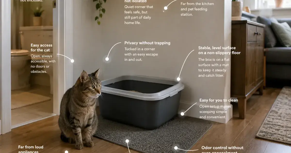 A litter box placed in a quiet, low-traffic corner of a home