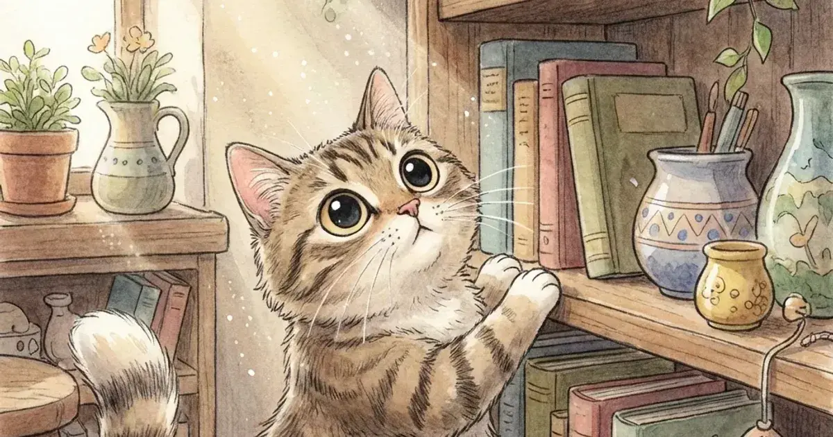 Illustration of a curious cat next to its travel carrier and supplies